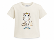 An off-white short-sleeve baby t-shirt featuring a cartoon illustration of a fluffy white cat wearing a gold crown, with the text 'A WHISKER FRIEND' printed below.