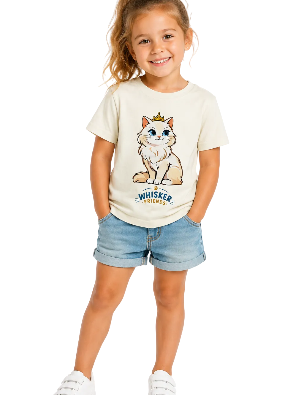 A young girl with a high ponytail stands against a white background wearing a cream-colored t-shirt with a cartoon cat graphic and the text 'Whisker Friends', paired with denim shorts and white sneakers.