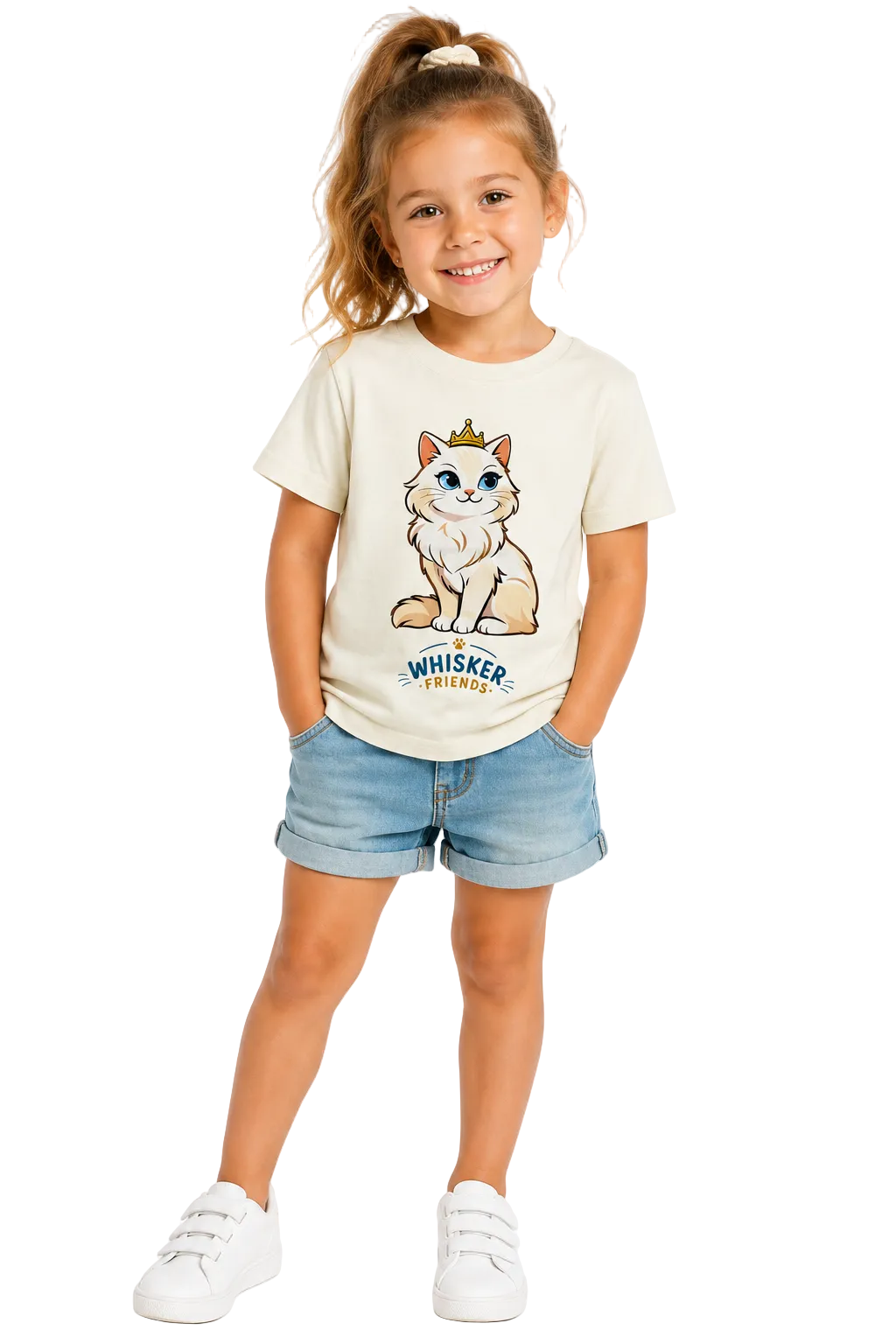 A young girl with a high ponytail stands against a white background wearing a cream-colored t-shirt with a cartoon cat graphic and the text 'Whisker Friends', paired with denim shorts and white sneakers.