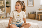 A young girl with a ponytail sits cross-legged on a white rug in a bright children's room, wearing a cream-colored t-shirt with a cartoon cat graphic and the text 'WHISKER BIRCHWOOD' and denim shorts.