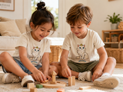 A young girl with a ponytail sits cross-legged on a white rug in a bright children's room, wearing a cream-colored t-shirt with a cartoon cat graphic and the text 'WHISKER BIRCHWOOD' and denim shorts.