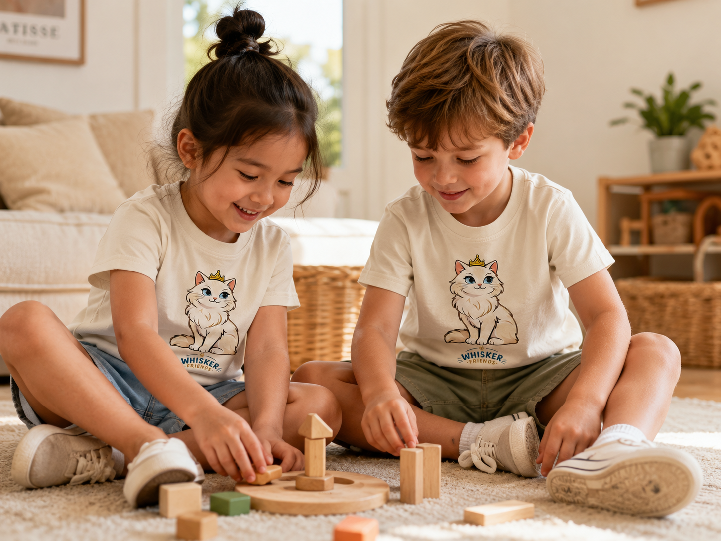 A young girl with a ponytail sits cross-legged on a white rug in a bright children's room, wearing a cream-colored t-shirt with a cartoon cat graphic and the text 'WHISKER BIRCHWOOD' and denim shorts.