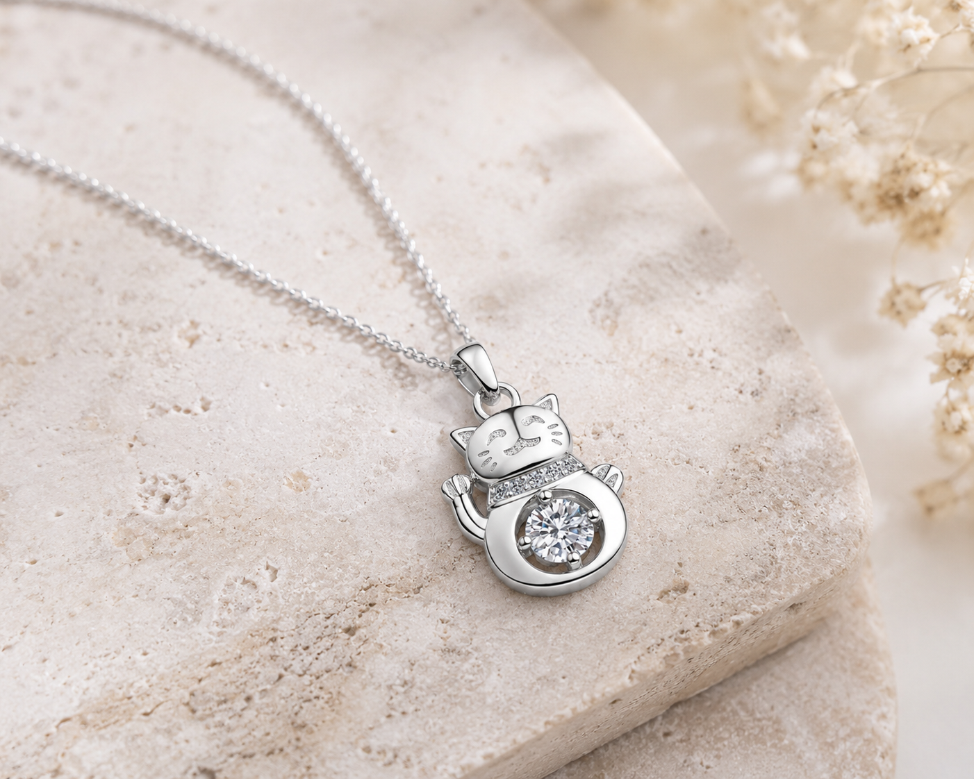 Sterling Silver Lucky Cat Moissanite Necklace