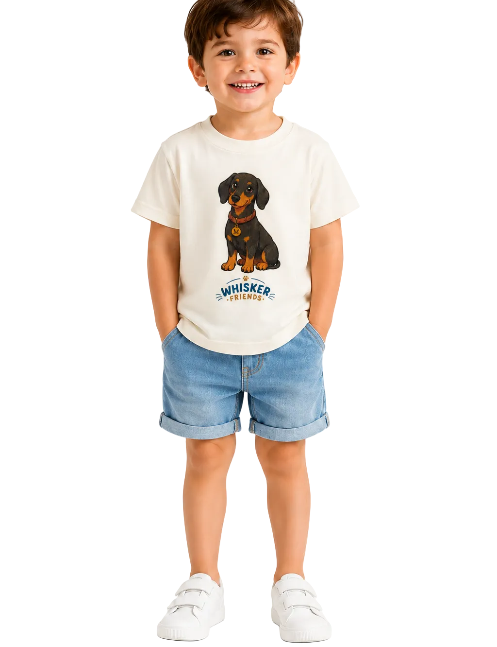 A young child standing against a white studio background, wearing a cream short-sleeve T-shirt with a dachshund graphic and the word 'WHISKER' below it, paired with blue denim shorts and white shoes.