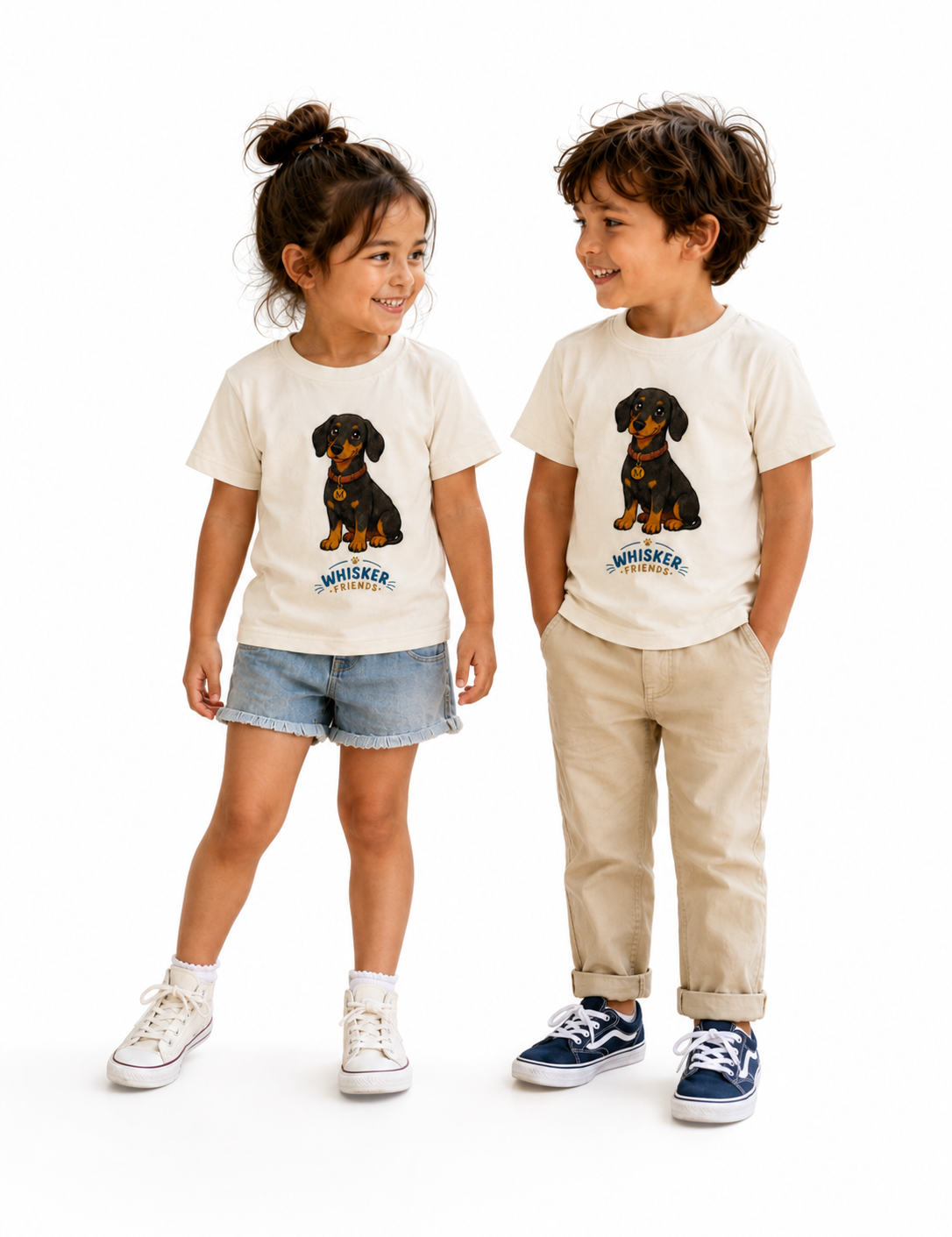 A young child standing against a white studio background, wearing a cream short-sleeve T-shirt with a dachshund graphic and the word 'WHISKER' below it, paired with blue denim shorts and white shoes.