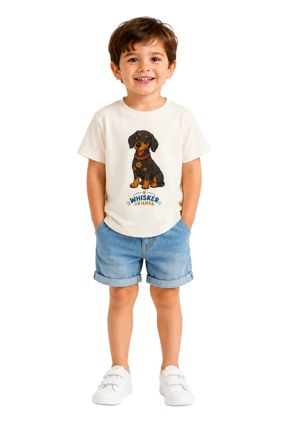 A young child standing against a white studio background, wearing a cream short-sleeve T-shirt with a dachshund graphic and the word 'WHISKER' below it, paired with blue denim shorts and white shoes.