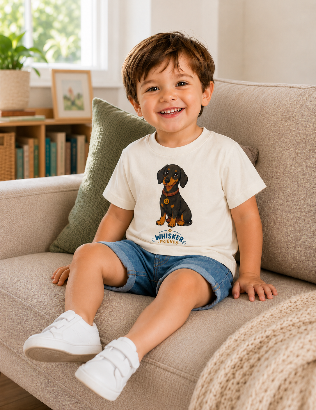A young boy sitting on a beige sofa wearing a white t-shirt with a black and tan dachshund graphic and the text 'Whisker & Co'.