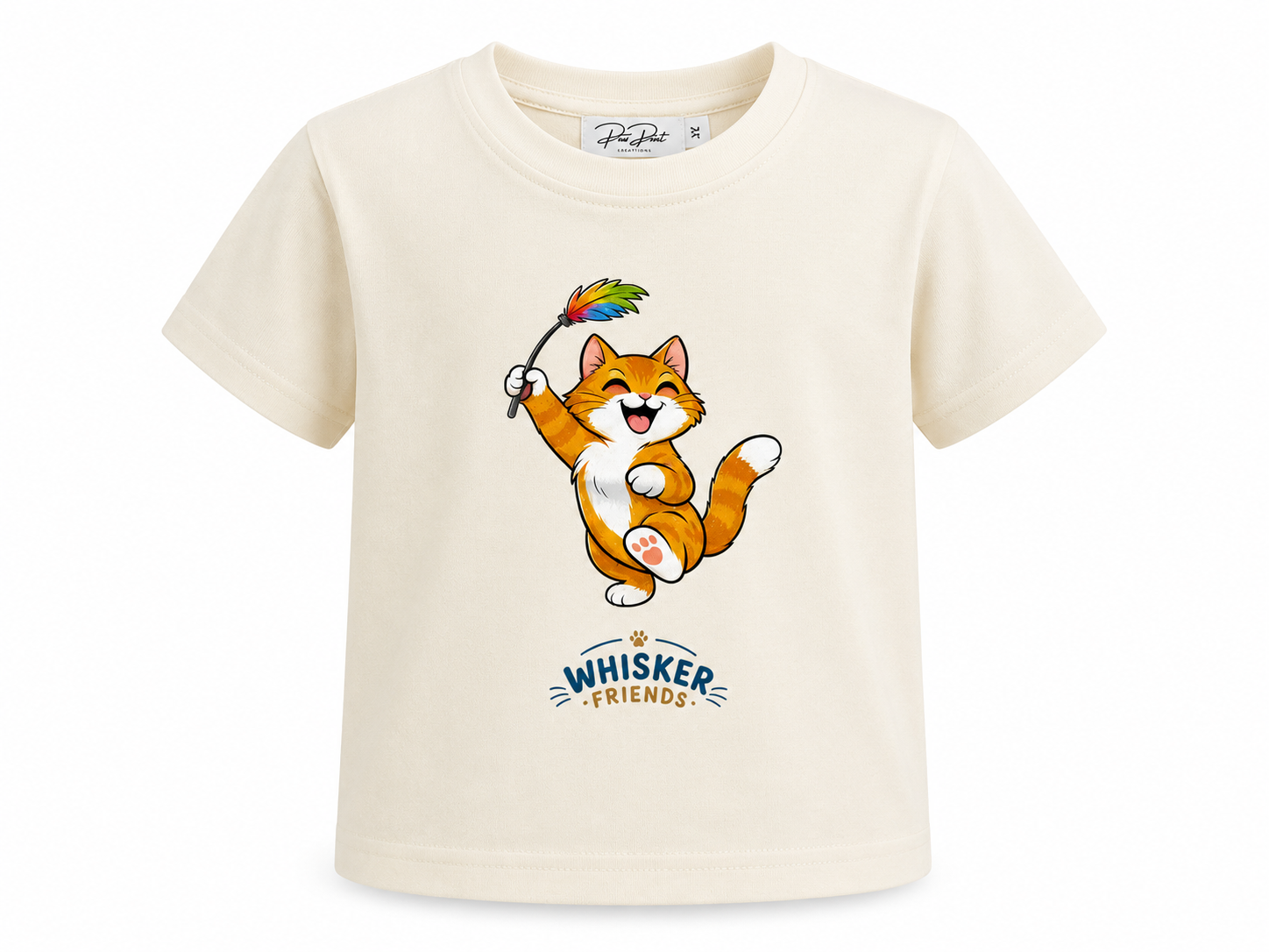 An off-white short-sleeve baby tee featuring a colorful graphic of a cartoon cat named Whisker Friends holding a rainbow feather, with the text 'Whisker Friends' printed below.