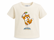 An off-white short-sleeve baby tee featuring a colorful graphic of a cartoon cat named Whisker Friends holding a rainbow feather, with the text 'Whisker Friends' printed below.