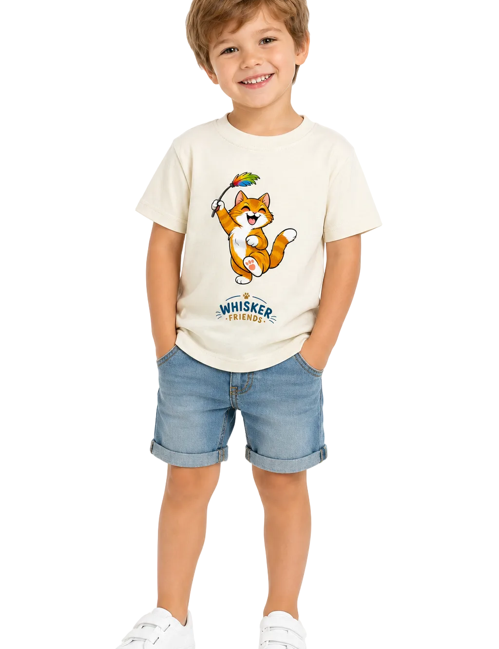 A young boy wearing a cream-colored t-shirt with a cartoon cat graphic and the text 'Whiskers Treasures', paired with blue denim shorts and white sneakers, standing against a plain white background.
