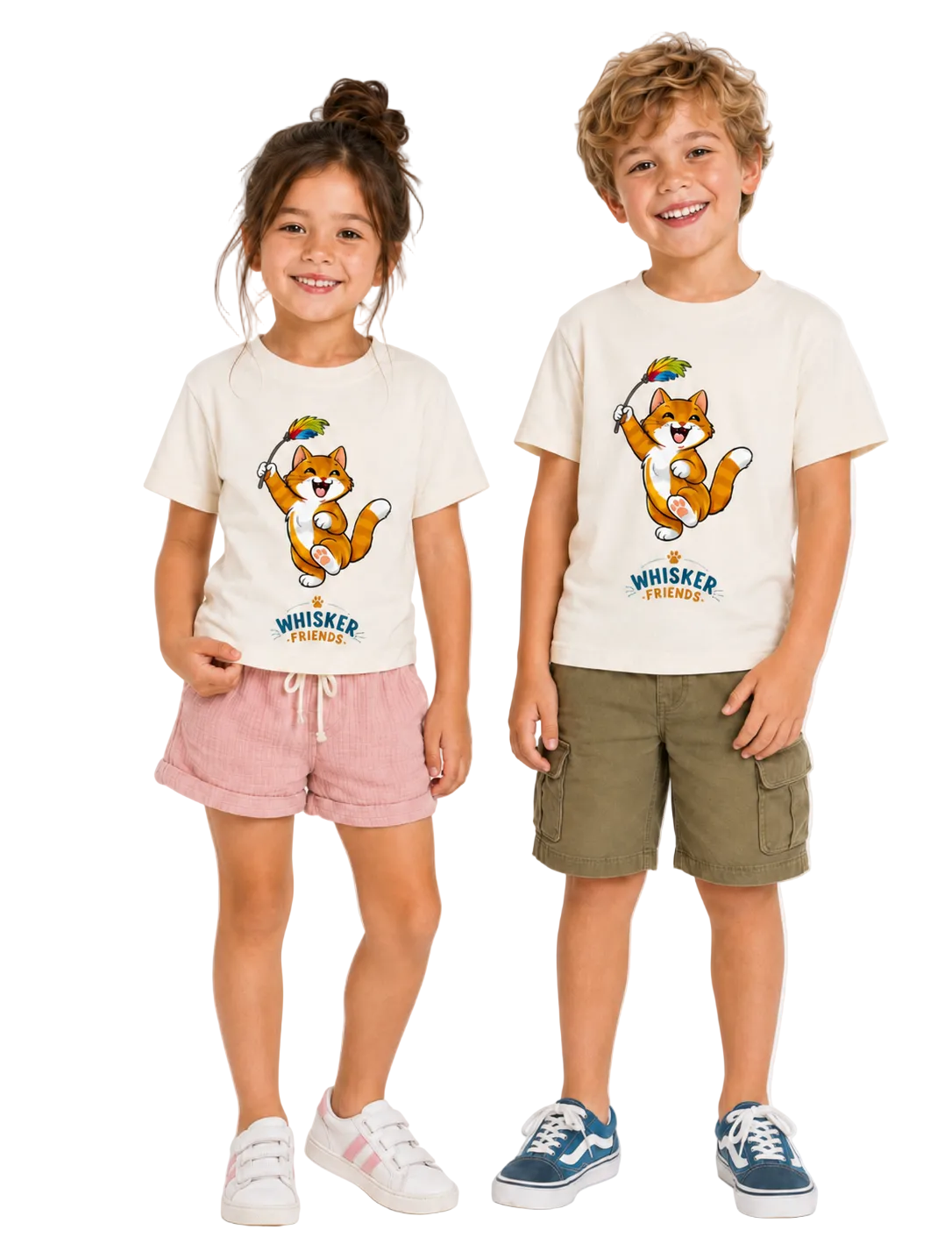A young girl and a young boy modeling matching off-white graphic t-shirts with a cartoon cat and the text 'WHISKER FRIENDS. The girl is wearing pink shorts and white sneakers, and the boy is wearing olive green cargo shorts and blue sneakers, set against a plain white studio background.