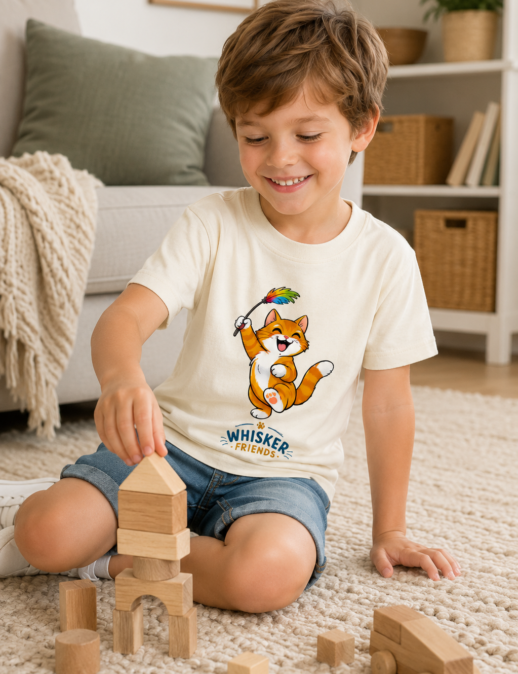 A young boy sitting on a cream carpet in a living room, wearing a cream graphic t-shirt with a cartoon cat and the text 'WHISKER FRIENDS' and denim shorts. He is playing with wooden blocks.