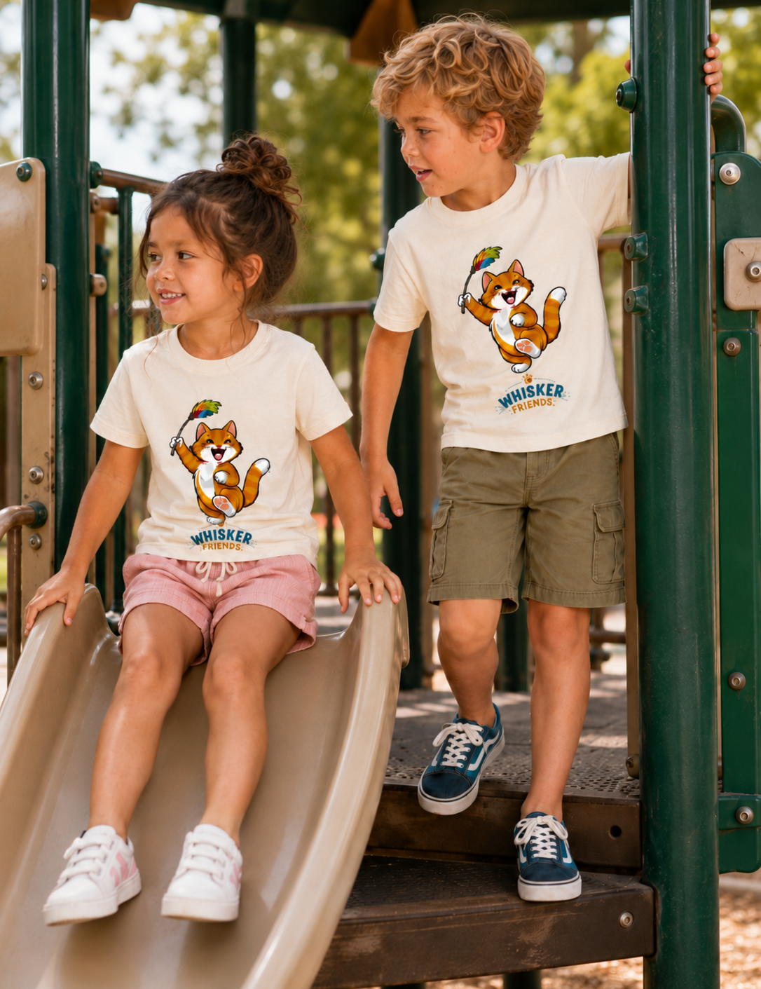 Two children playing on an outdoor playground, wearing matching white graphic t-shirts with a cartoon fox design and the text 'WHISKER FRIENDS'.