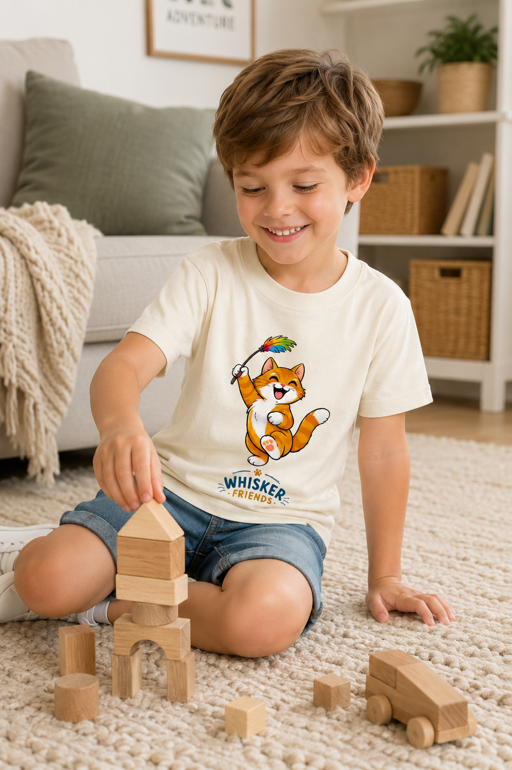 A young boy sitting on a cream carpet in a living room, wearing a cream graphic t-shirt with a cartoon cat and the text 'WHISKER FRIENDS' and denim shorts. He is playing with wooden blocks.
