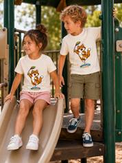 Two children playing on an outdoor playground, wearing matching white graphic t-shirts with a cartoon fox design and the text 'WHISKER FRIENDS'.