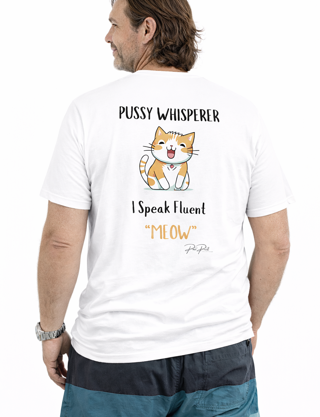 Man wearing a white t-shirt with a cat graphic and text on a white background