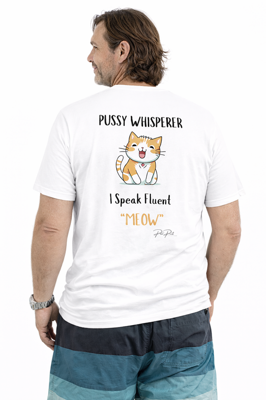 Man wearing a white t-shirt with a cat graphic and text on a white background