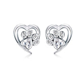 Sterling Silver Heart Paw Print Stud Earrings
