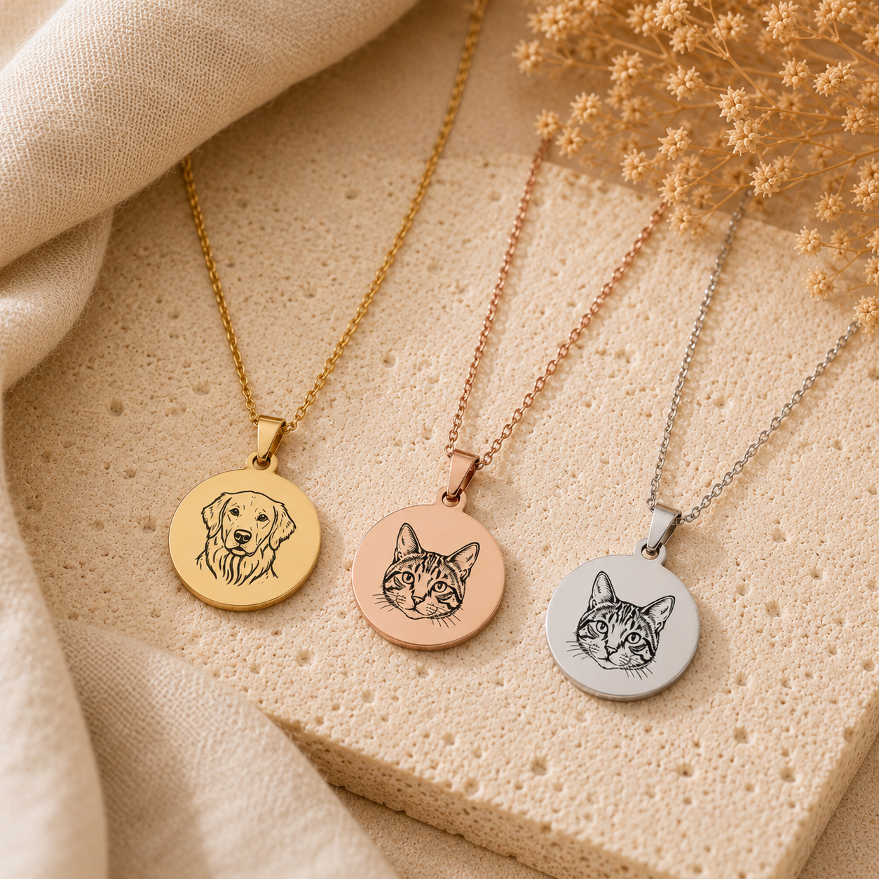 Three animal-themed necklaces on a textured surface with dried flowers.