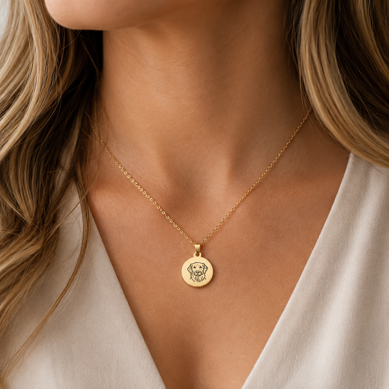 Gold necklace with a pendant worn by a person