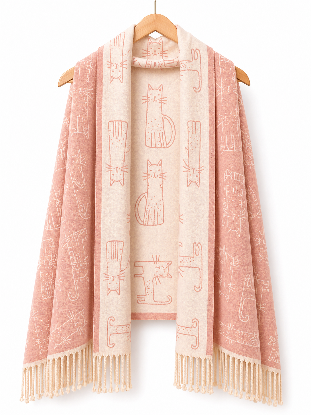 Pink scarf with geometric patterns on a wooden hanger against a white background