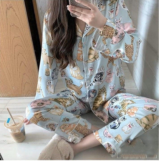 Women’s Satin Multi Cat Print Pyjama Set - Light Blue