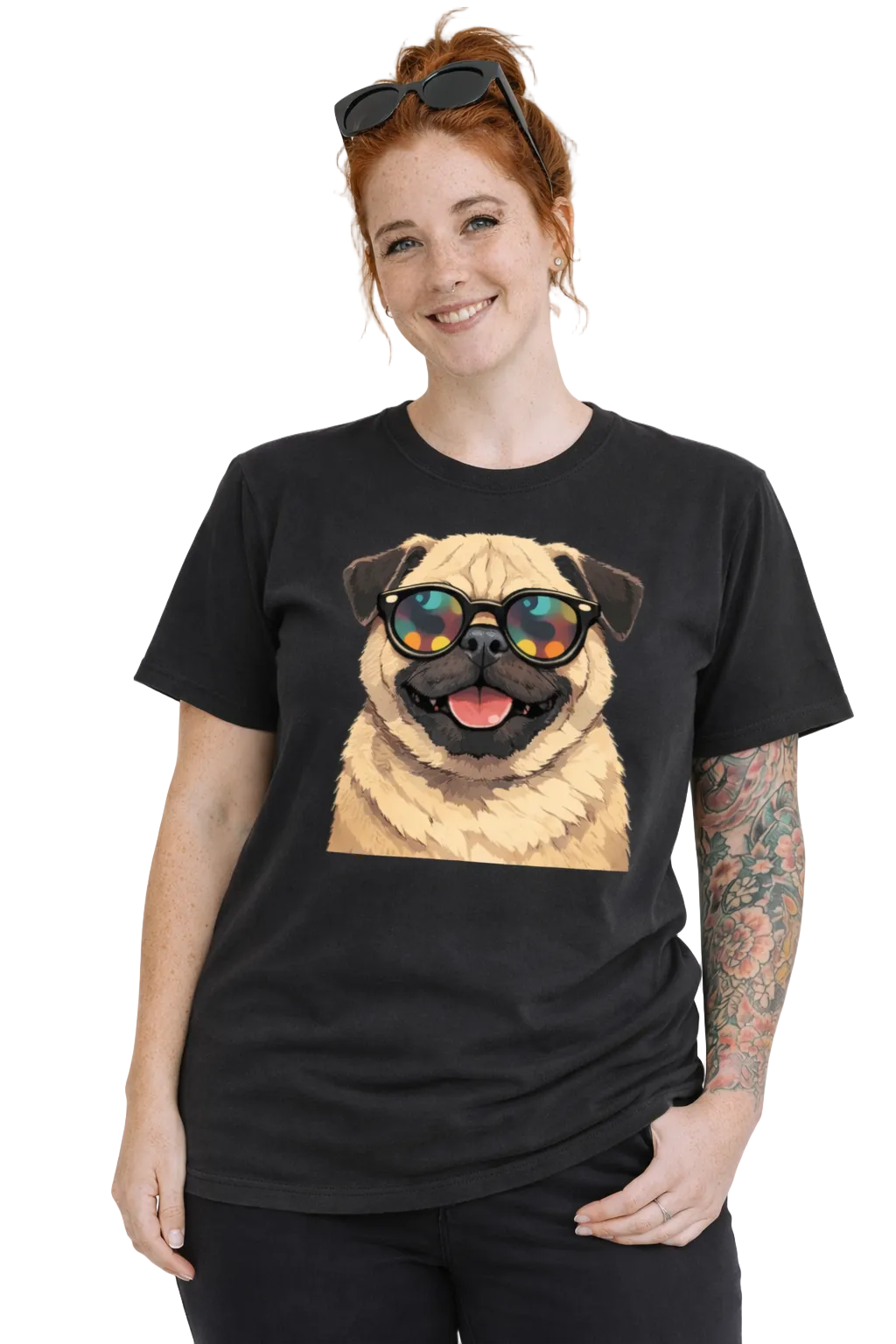 Person wearing a black t-shirt with a pug graphic and sunglasses on a light pink background