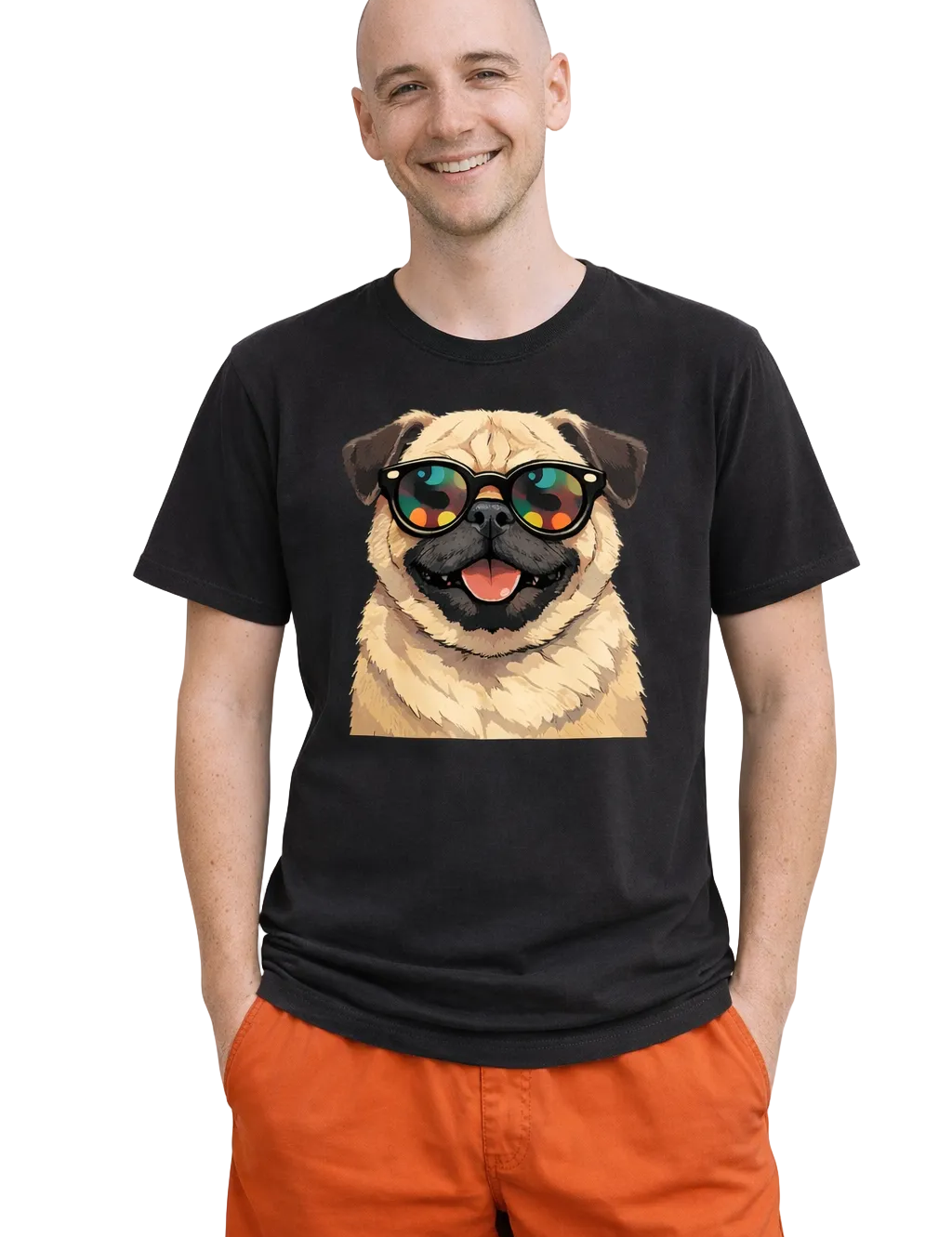 Man wearing a black t-shirt with a dog graphic and sunglasses on a plain background