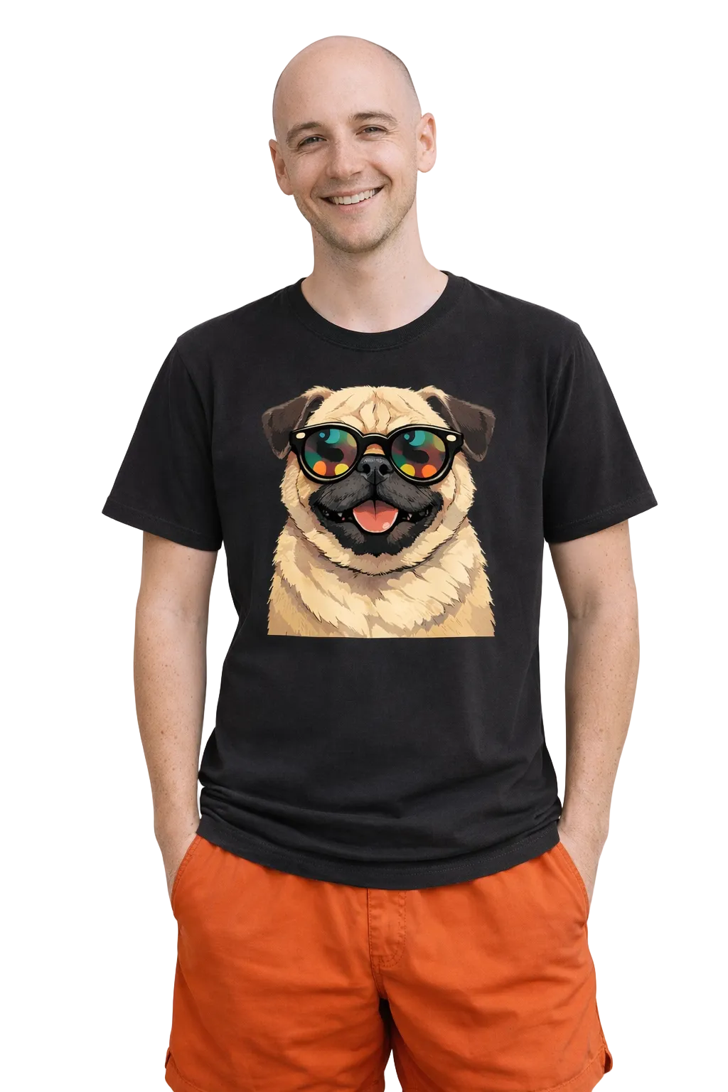 Man wearing a black t-shirt with a dog graphic and sunglasses on a plain background