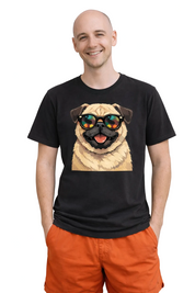 Man wearing a black t-shirt with a dog graphic and sunglasses on a plain background