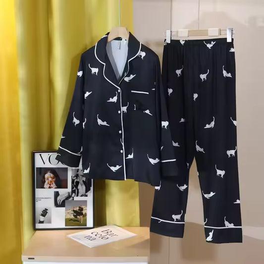 Women’s Satin Cat Print Pyjama Set