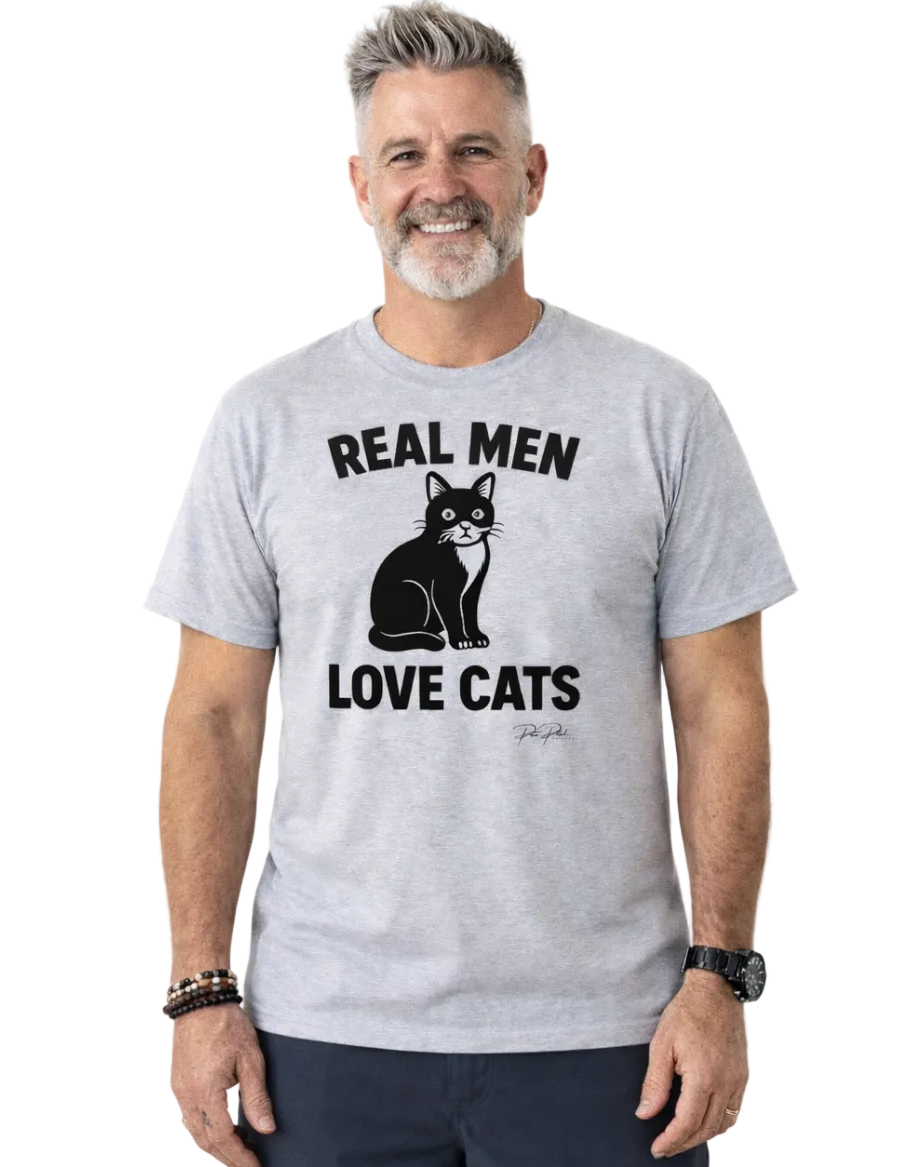 Man wearing a gray t-shirt with a cat graphic and text on a white background