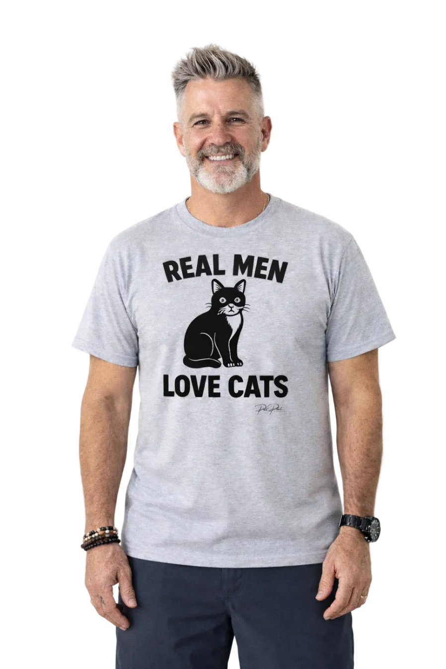 Man wearing a gray t-shirt with a cat graphic and text on a white background