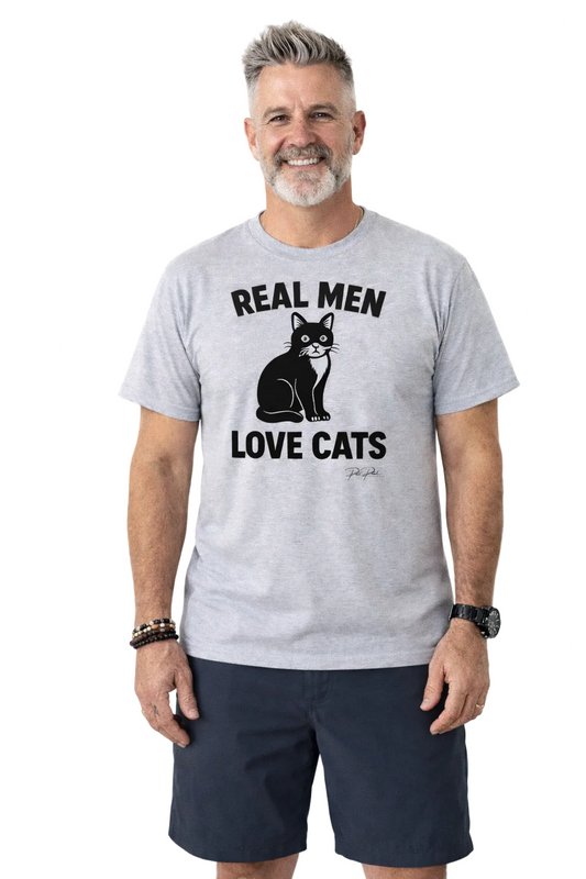 Man wearing a gray t-shirt with a cat graphic and text on a white background