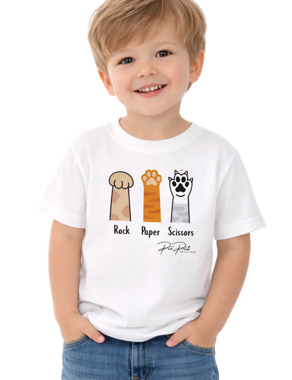 Child wearing a white t-shirt with paw prints and text on a white background
