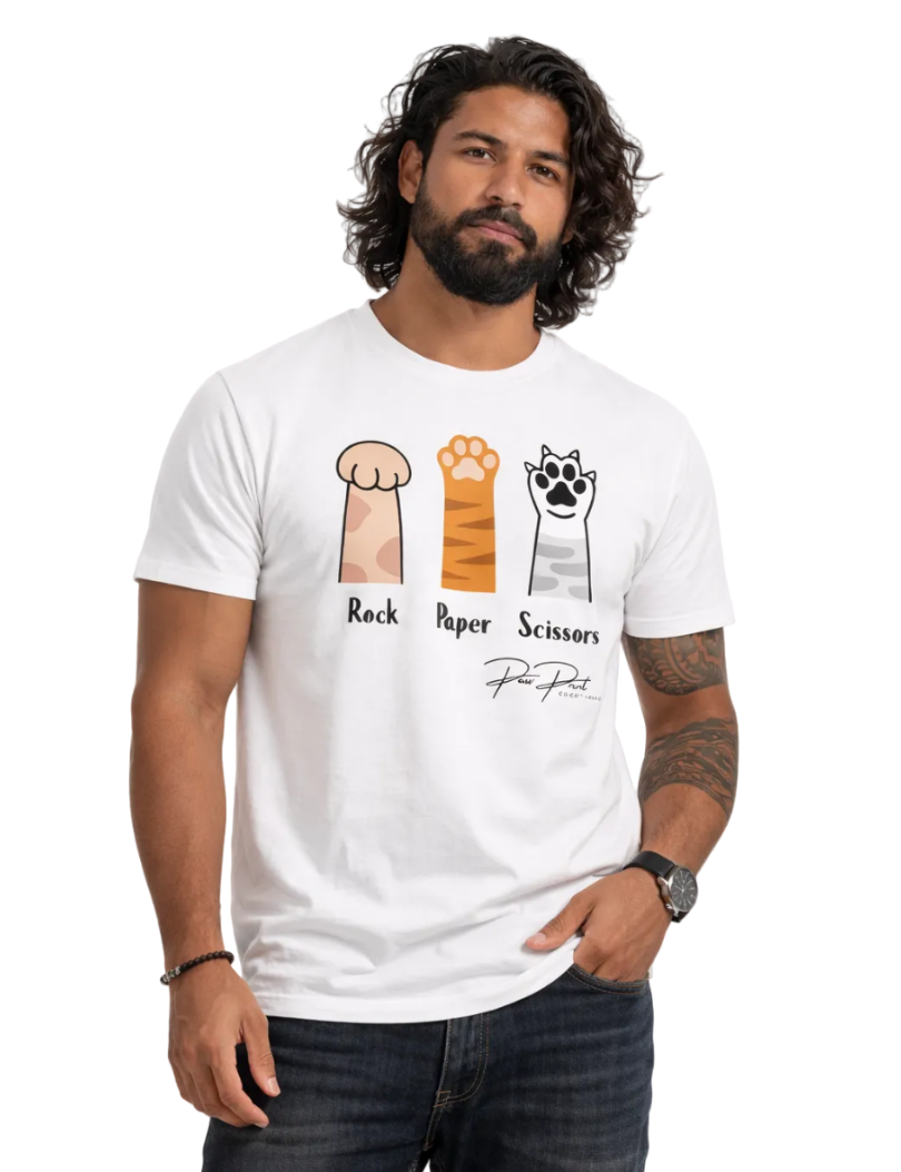 Man wearing a white t-shirt with rock, paper, scissors graphic design on a white background