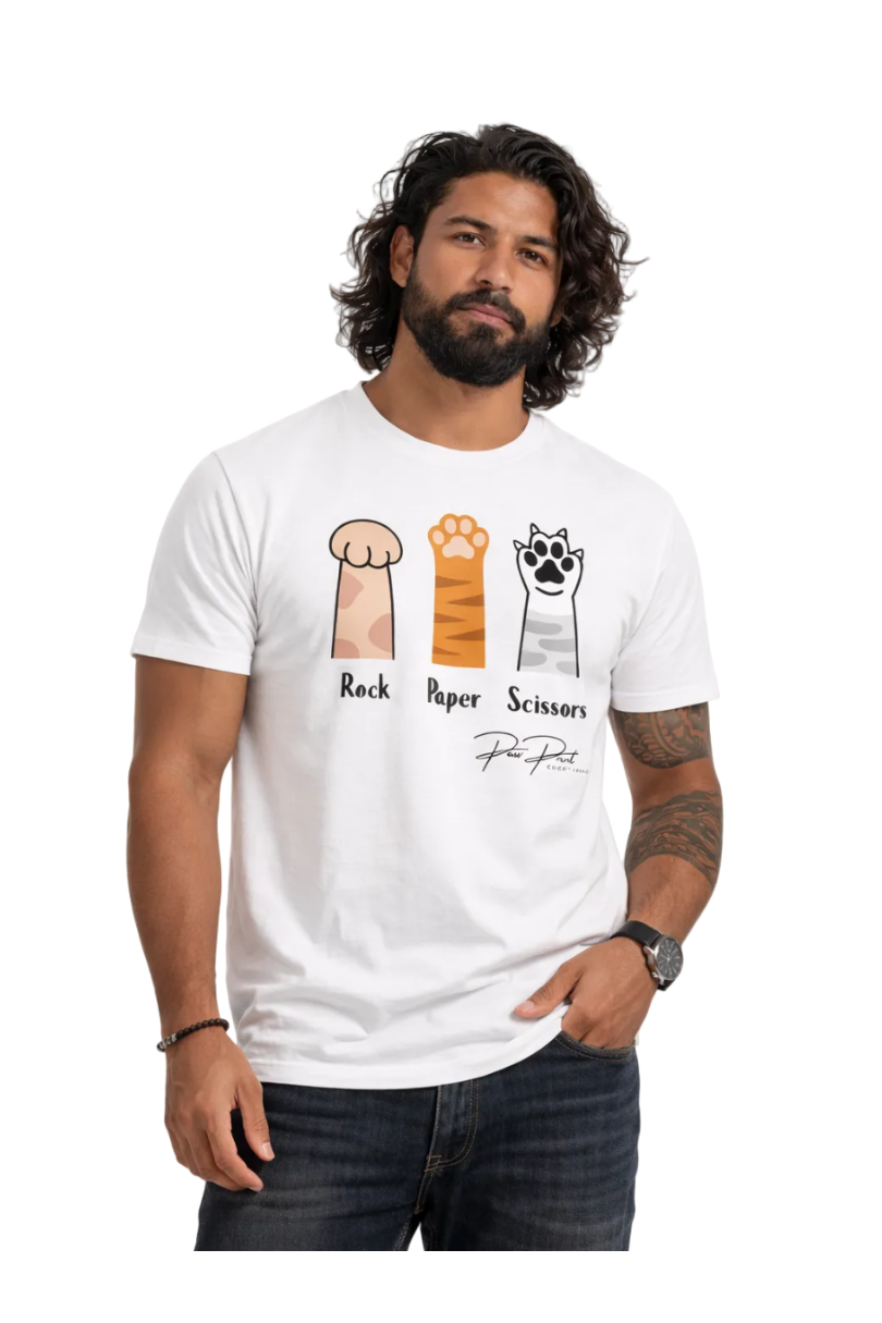 Man wearing a white t-shirt with rock, paper, scissors graphic design on a white background