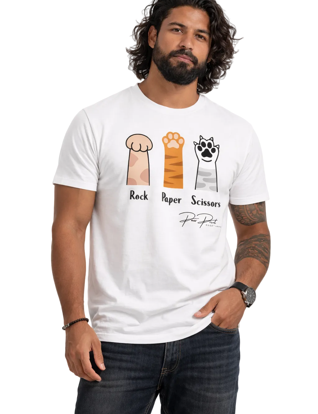 Man wearing a white t-shirt with rock, paper, scissors graphic design on a white background