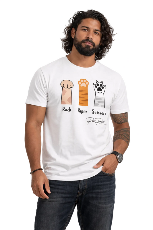 Man wearing a white t-shirt with rock, paper, scissors graphic design on a white background