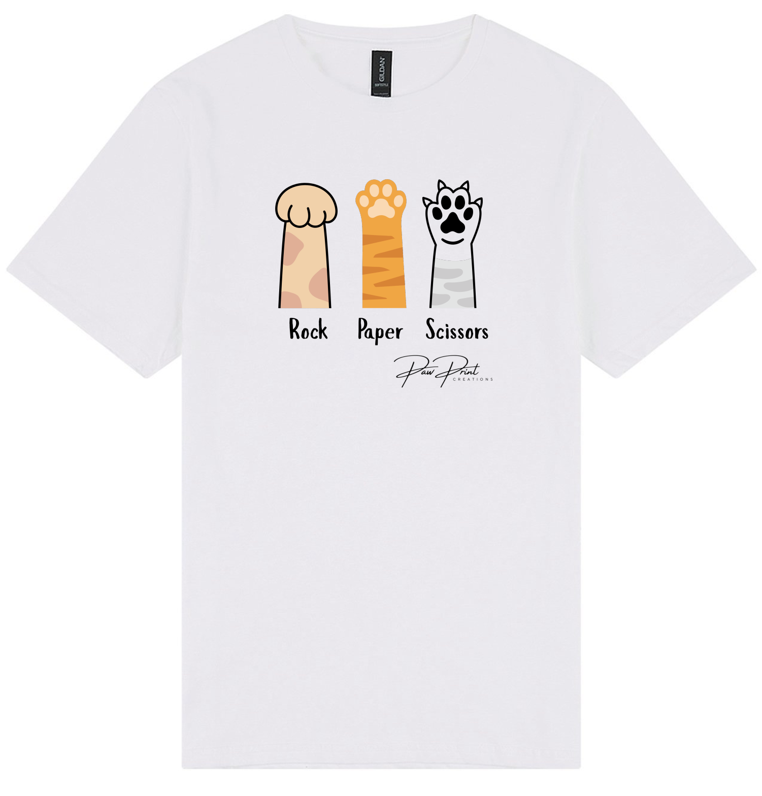 White t-shirt with 'Rock Paper Scissors' graphic featuring paw prints on a white background