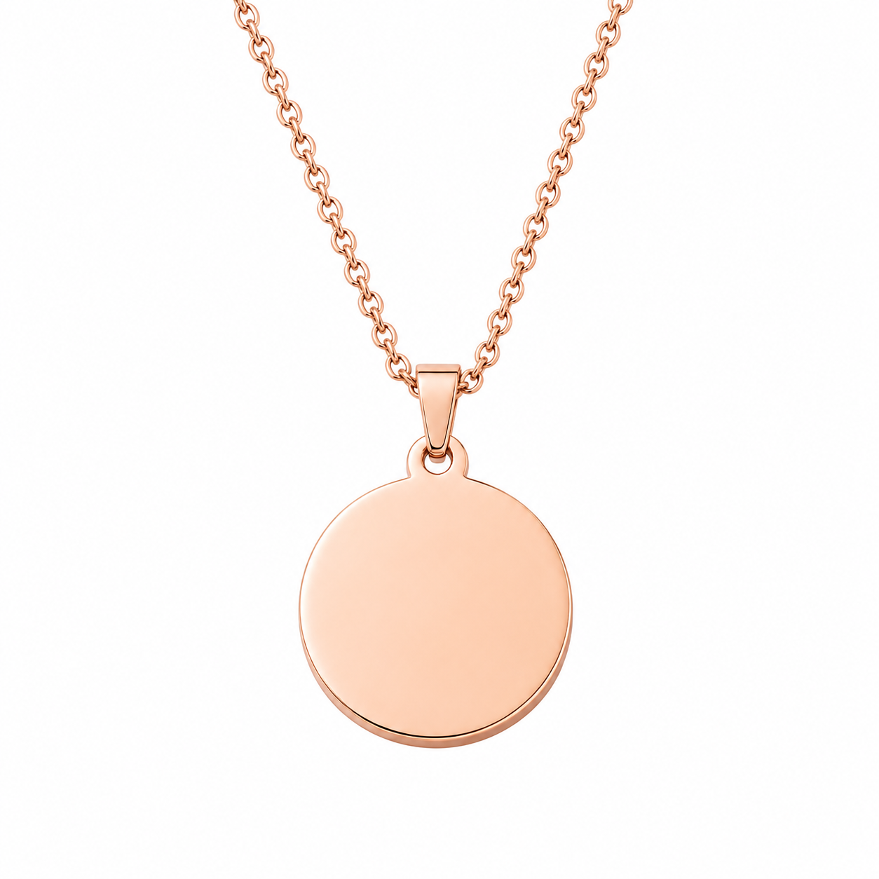 Rose gold necklace with a round pendant on a white background