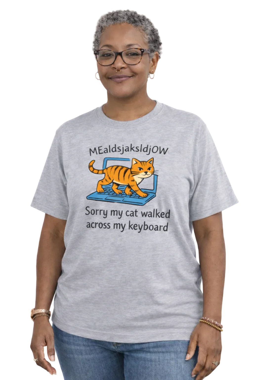 Person wearing a gray t-shirt with a cat graphic and text on a white background