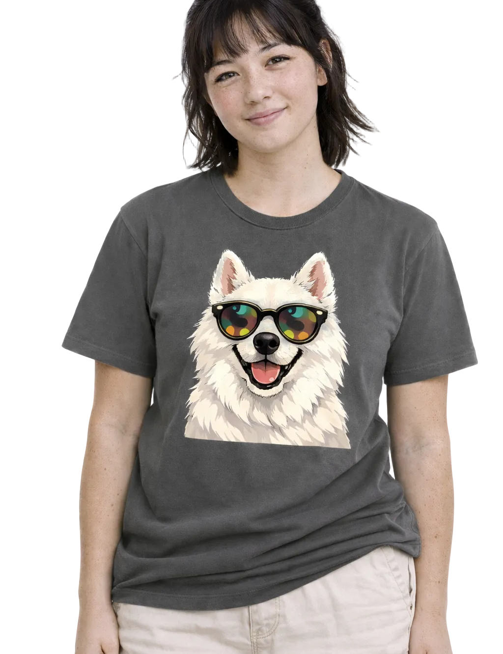 Person wearing a dark gray t-shirt with a dog graphic and sunglasses on a white background