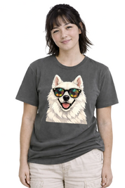 Person wearing a dark gray t-shirt with a dog graphic and sunglasses on a white background