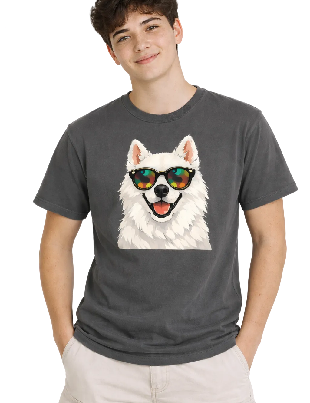 Person wearing a gray t-shirt with a dog graphic and sunglasses on a white background