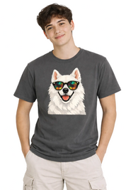 Person wearing a gray t-shirt with a dog graphic and sunglasses on a white background