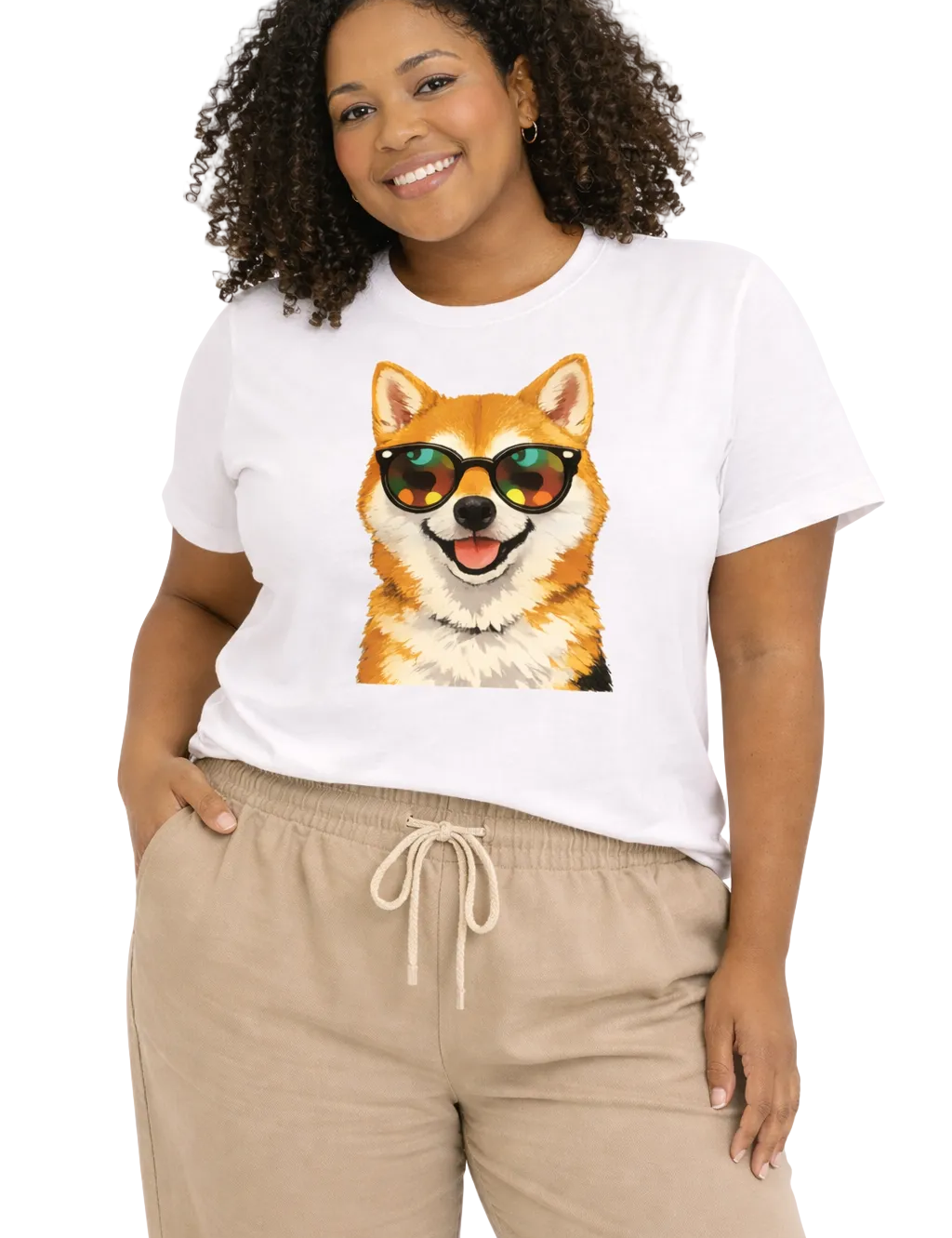 Woman wearing a white t-shirt with a dog graphic and sunglasses on a plain background
