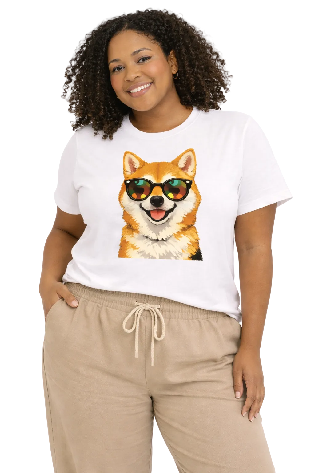 Woman wearing a white t-shirt with a dog graphic and sunglasses on a plain background