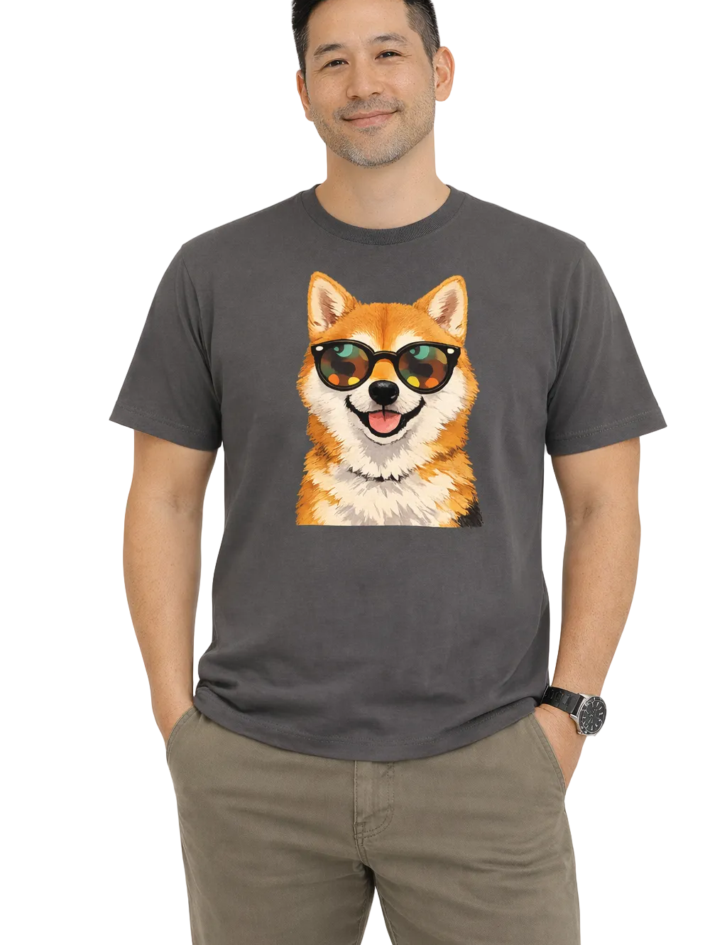 Man wearing a dark gray t-shirt with a dog graphic and sunglasses on a white background