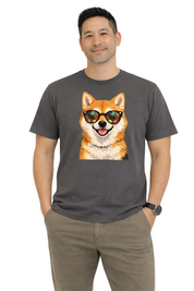 Man wearing a dark gray t-shirt with a dog graphic and sunglasses on a white background